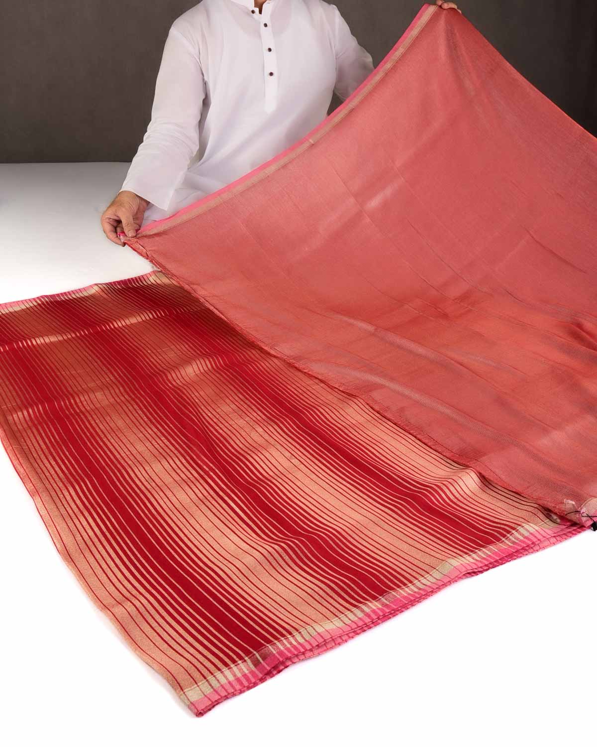 Red Gold Zari Graduated Stripes Brocade Woven Muga Silk Banarasi Saree-HolyWeaves