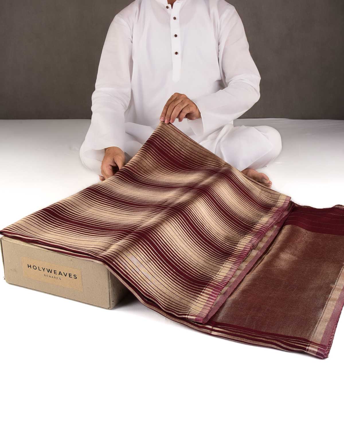Mahogany Gold Zari Graduated Stripes Brocade Woven Muga Silk Banarasi Saree-HolyWeaves