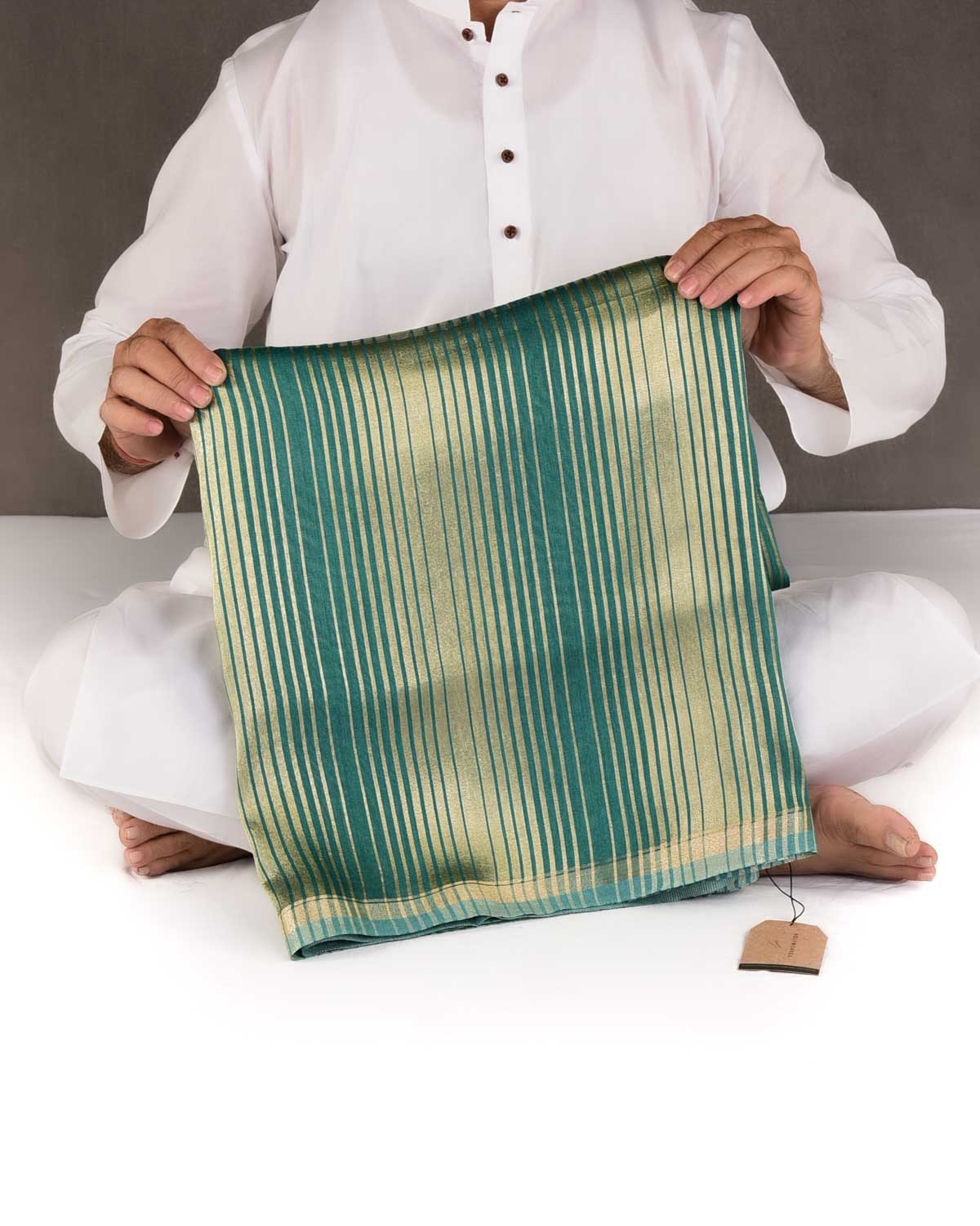 Green Gold Zari Graduated Stripes Brocade Woven Muga Silk Banarasi Saree-HolyWeaves