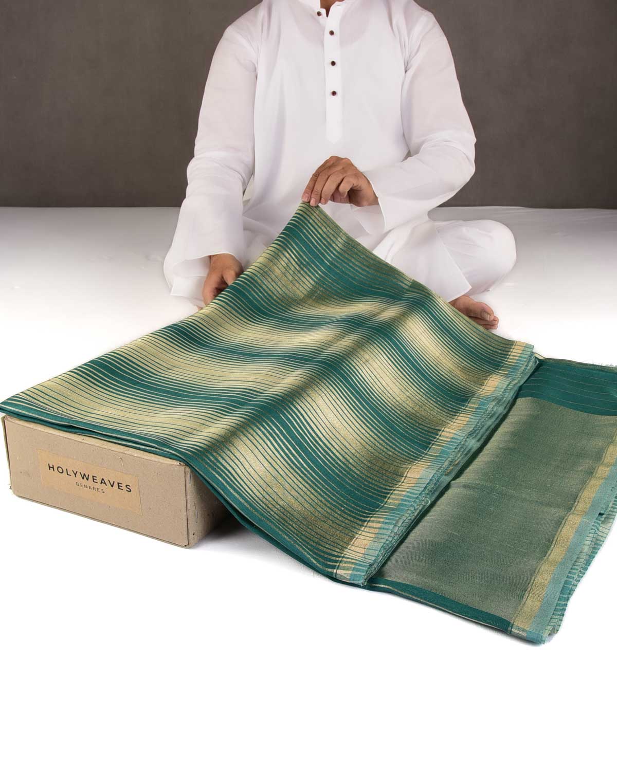 Green Gold Zari Graduated Stripes Brocade Woven Muga Silk Banarasi Saree-HolyWeaves