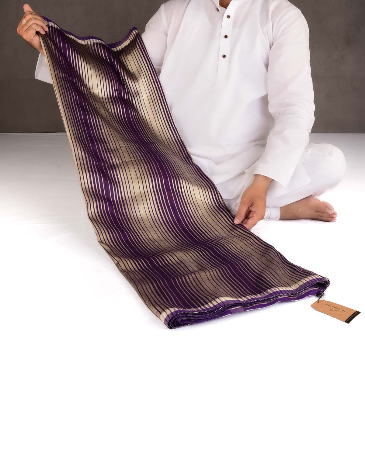 Purple Gold Zari Graduated Stripes Brocade Woven Muga Silk Banarasi Saree
