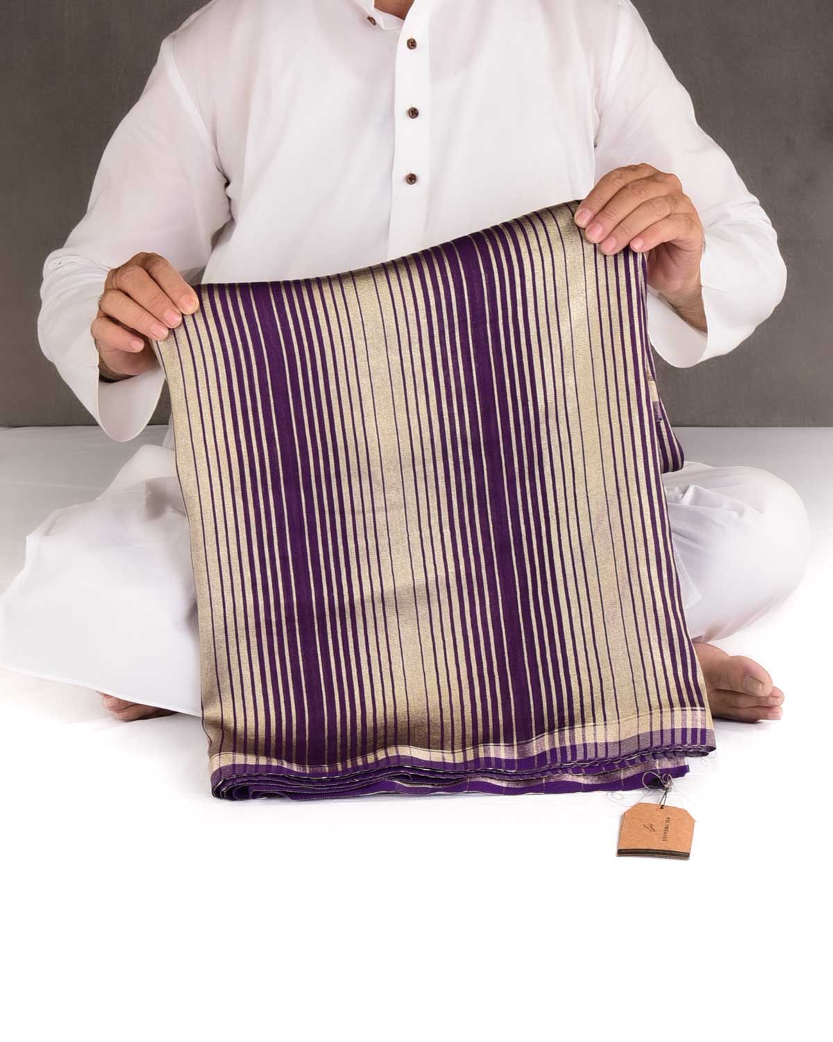 Purple Gold Zari Graduated Stripes Brocade Woven Muga Silk Banarasi Saree
