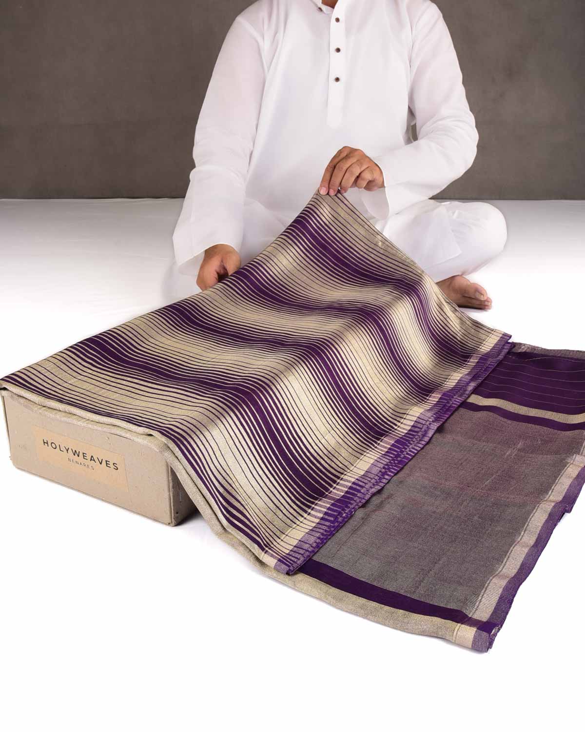 Purple Gold Zari Graduated Stripes Brocade Woven Muga Silk Banarasi Saree