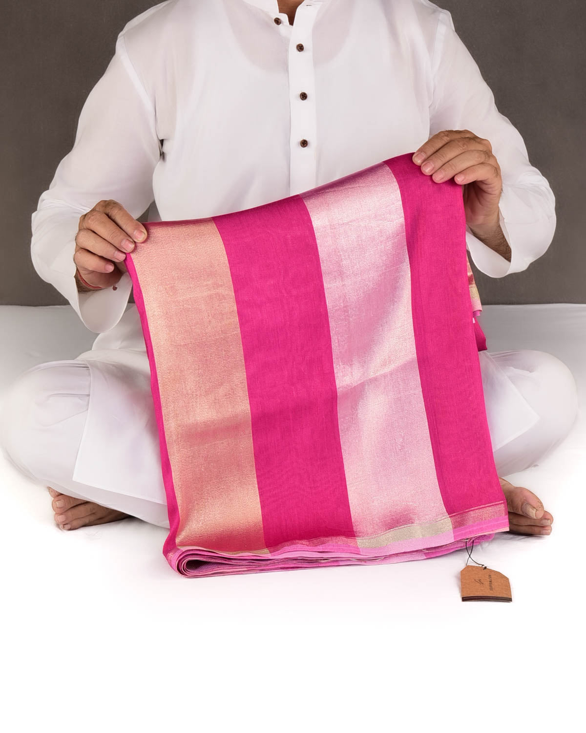 Fuchsia Pink Gold & Silver Zari Zari Stripes Brocade Woven Muga Silk Banarasi Saree-HolyWeaves