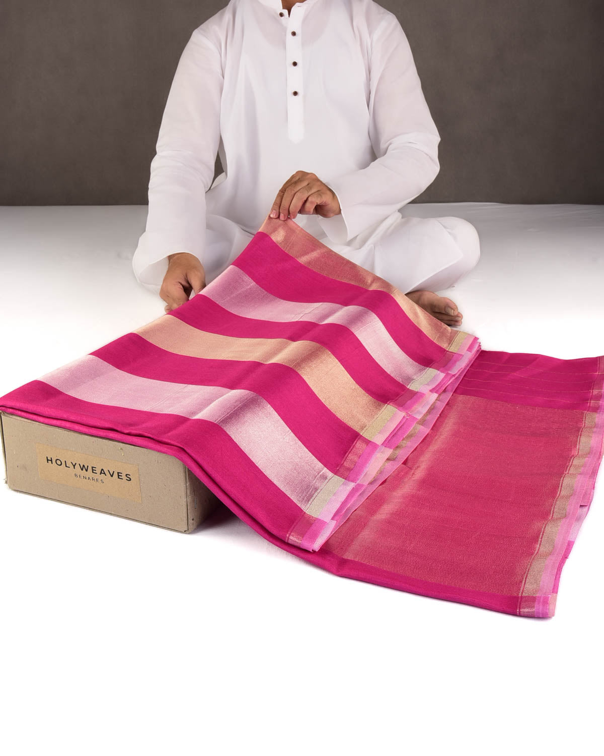 Fuchsia Pink Gold & Silver Zari Zari Stripes Brocade Woven Muga Silk Banarasi Saree-HolyWeaves