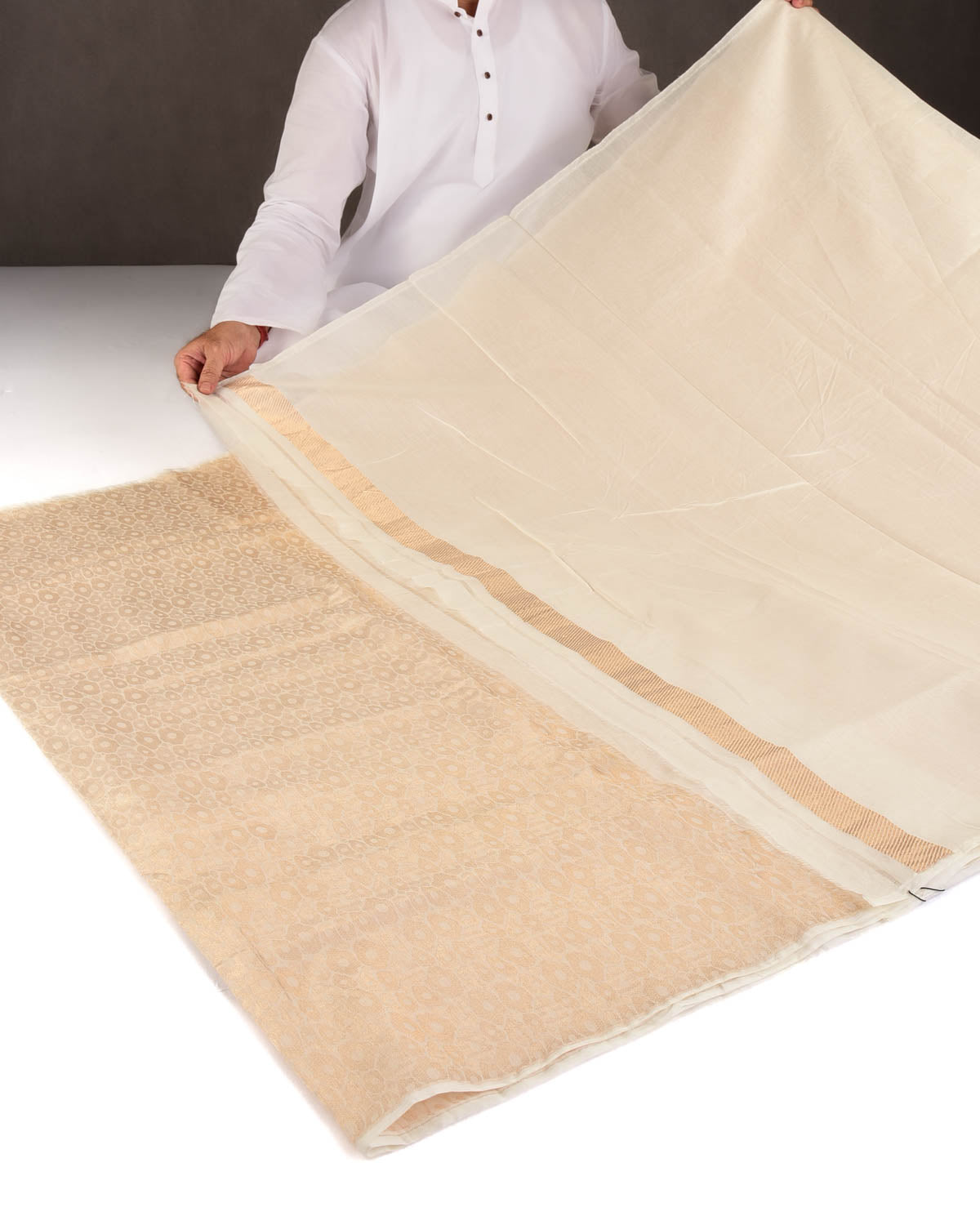 Cream Gold Zari Abstract Geometric Brocade Woven Cotton Silk Banarasi Saree-HolyWeaves
