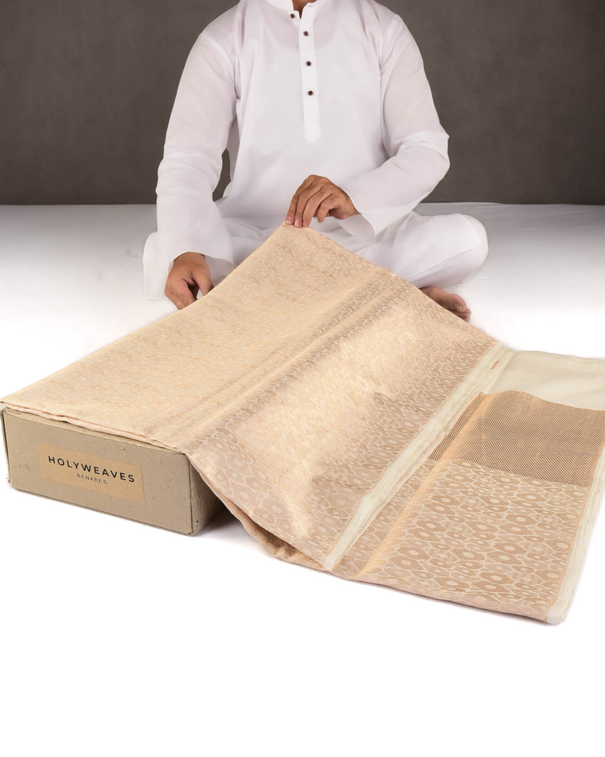 Cream Gold Zari Abstract Geometric Brocade Woven Cotton Silk Banarasi Saree-HolyWeaves
