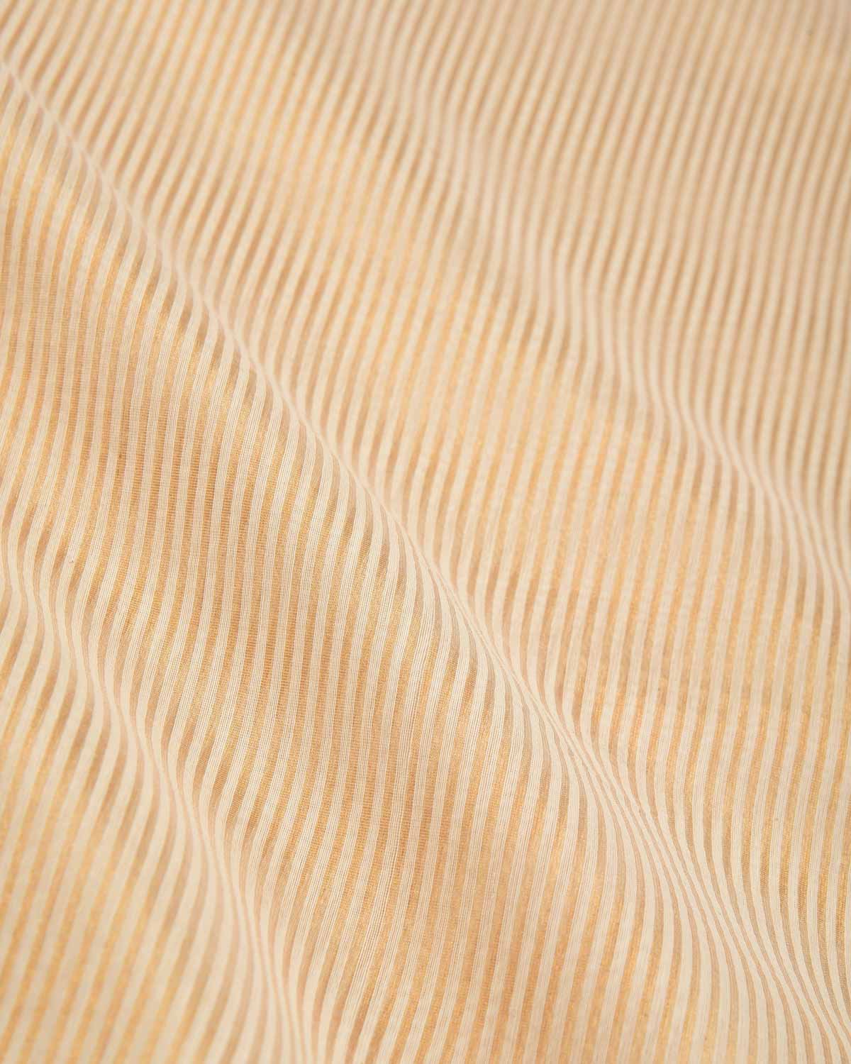 Cream Gold Zari Stripes Brocade Woven Cotton Silk Banarasi Saree with Tissue Blouse Piece-HolyWeaves