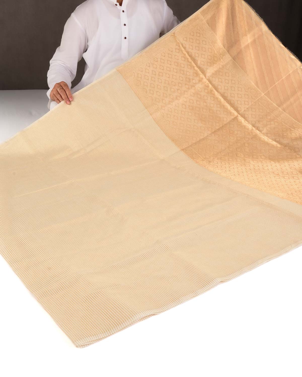 Cream Gold Zari Stripes Brocade Woven Cotton Silk Banarasi Saree with Tissue Blouse Piece-HolyWeaves