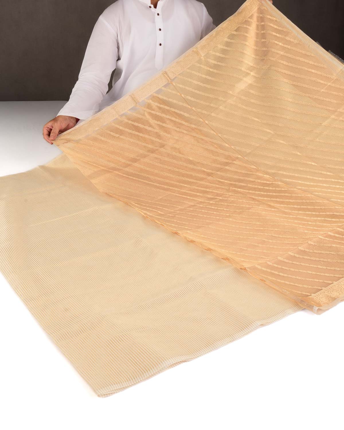Cream Gold Zari Stripes Brocade Woven Cotton Silk Banarasi Saree with Tissue Blouse Piece-HolyWeaves