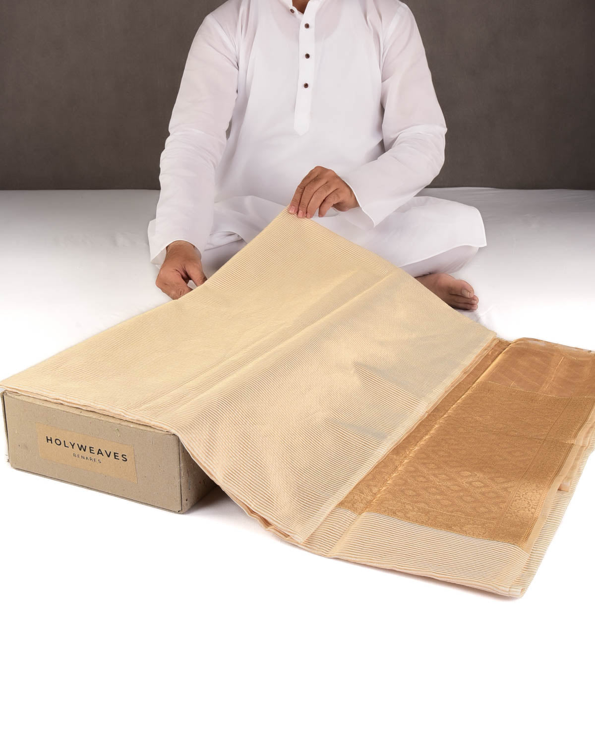 Cream Gold Zari Stripes Brocade Woven Cotton Silk Banarasi Saree with Tissue Blouse Piece-HolyWeaves