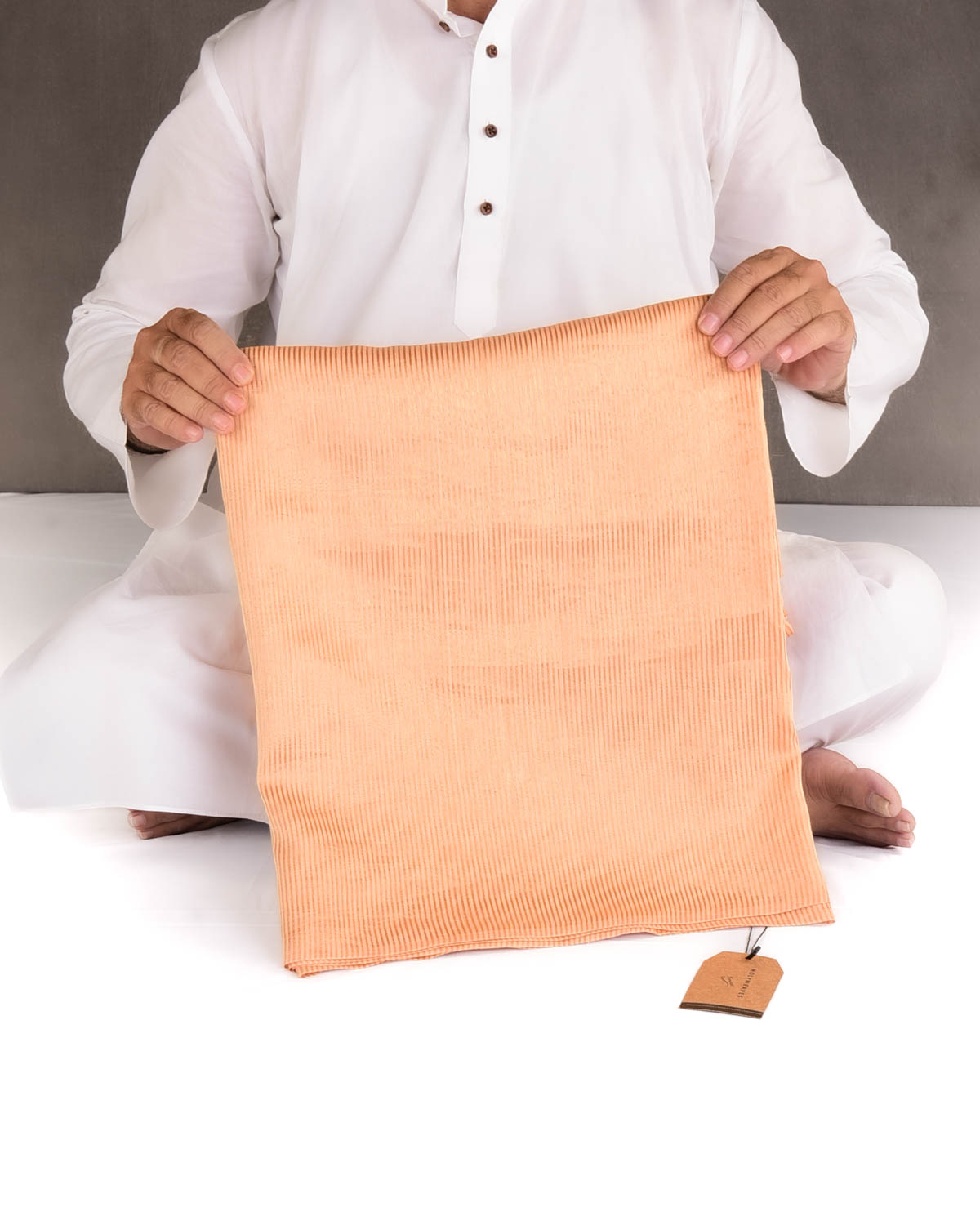 Peach Gold Zari Stripes Brocade Woven Cotton Silk Banarasi Saree with Tissue Blouse Piece