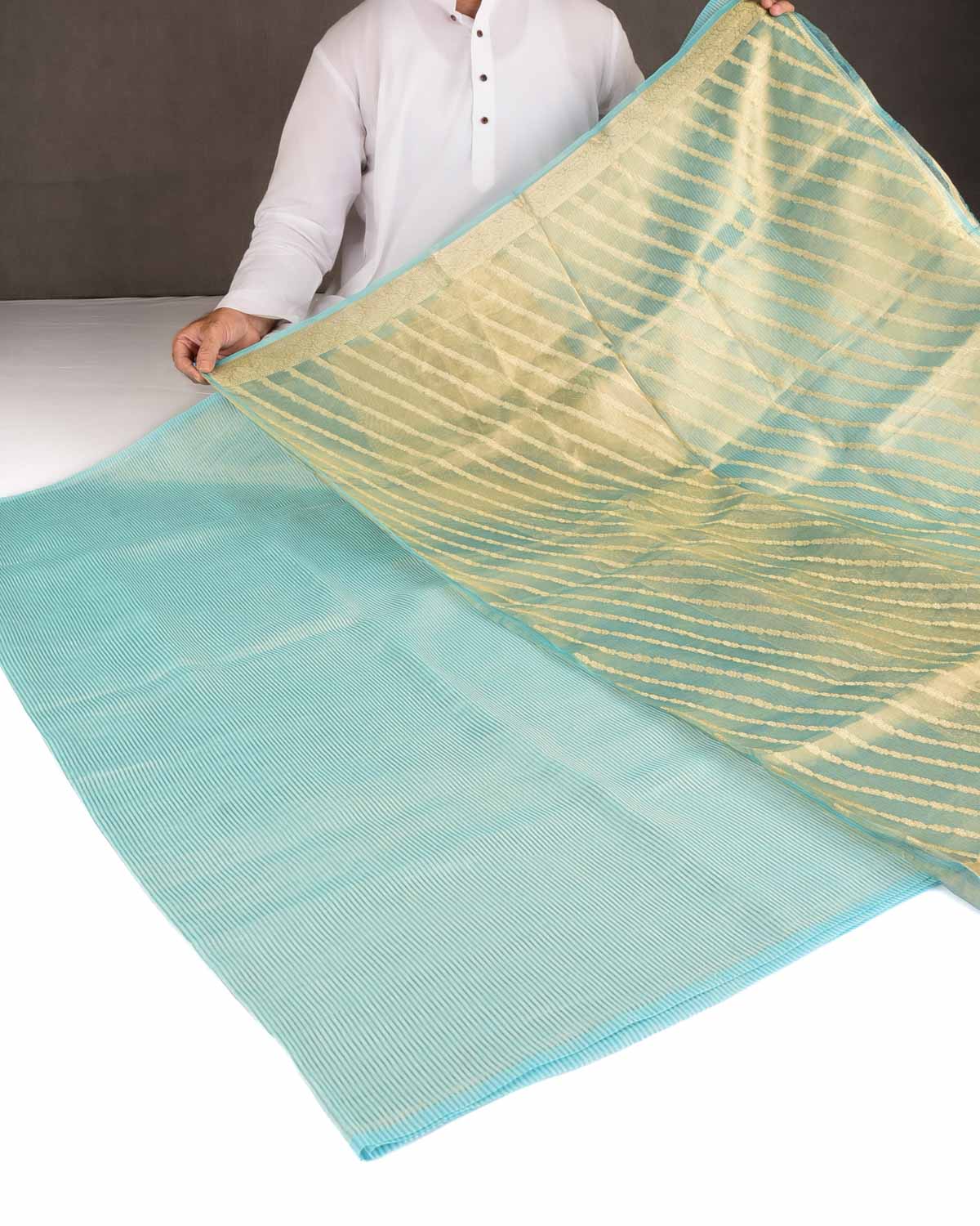 Blue Gold Zari Stripes Brocade Woven Cotton Silk Banarasi Saree with Tissue Blouse Piece