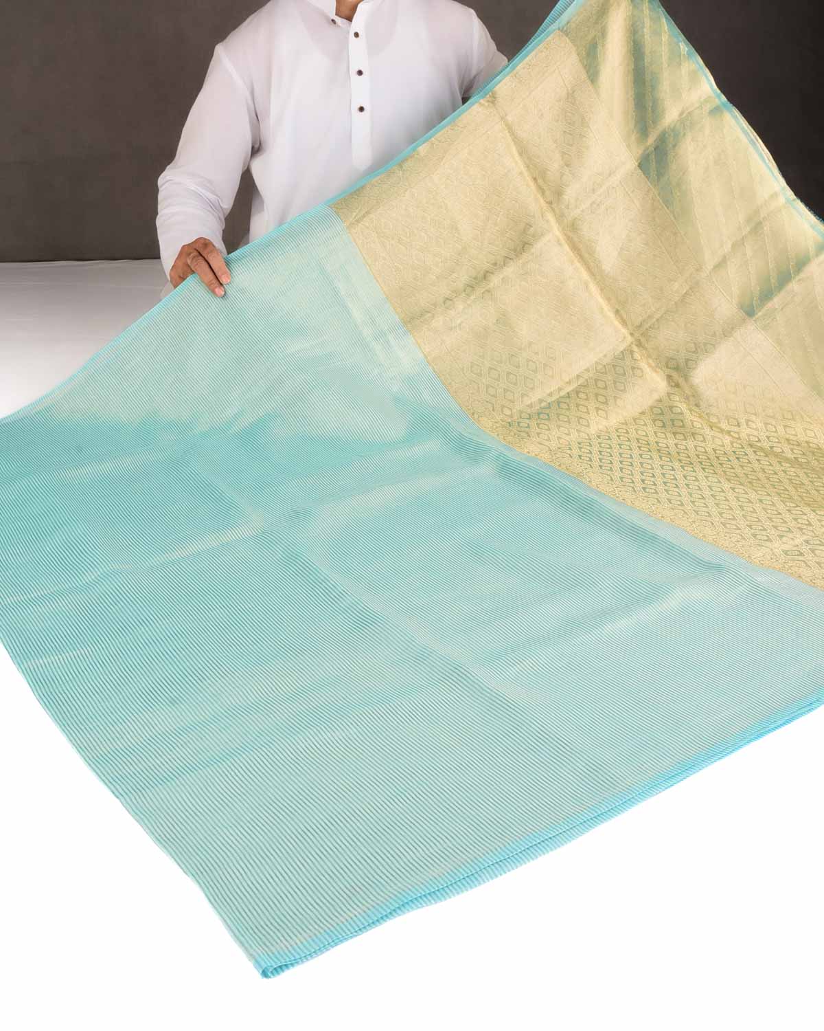 Blue Gold Zari Stripes Brocade Woven Cotton Silk Banarasi Saree with Tissue Blouse Piece