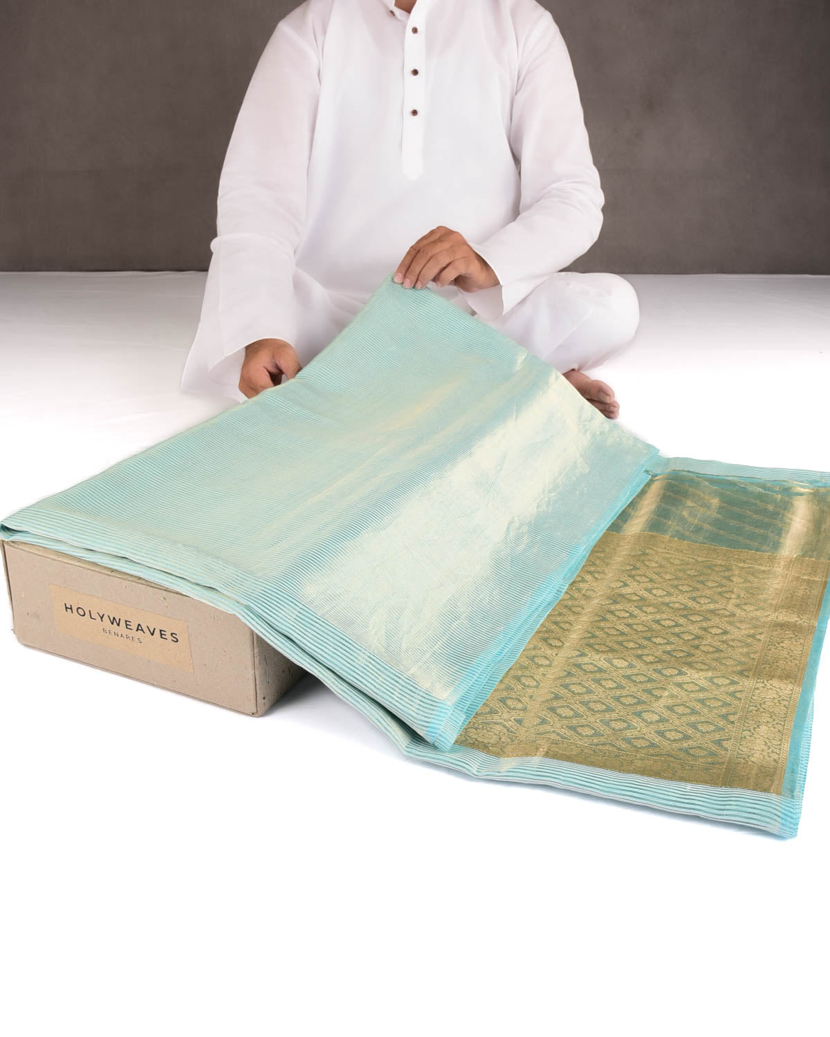 Blue Gold Zari Stripes Brocade Woven Cotton Silk Banarasi Saree with Tissue Blouse Piece