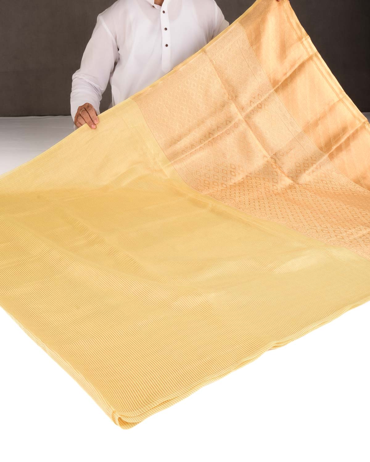Yellow Gold Zari Stripes Brocade Woven Cotton Silk Banarasi Saree with Tissue Blouse Piece