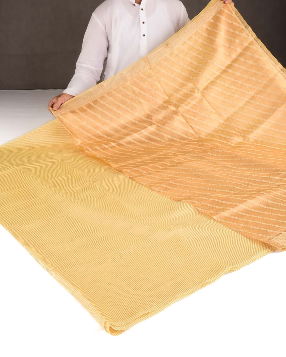 Yellow Gold Zari Stripes Brocade Woven Cotton Silk Banarasi Saree with Tissue Blouse Piece
