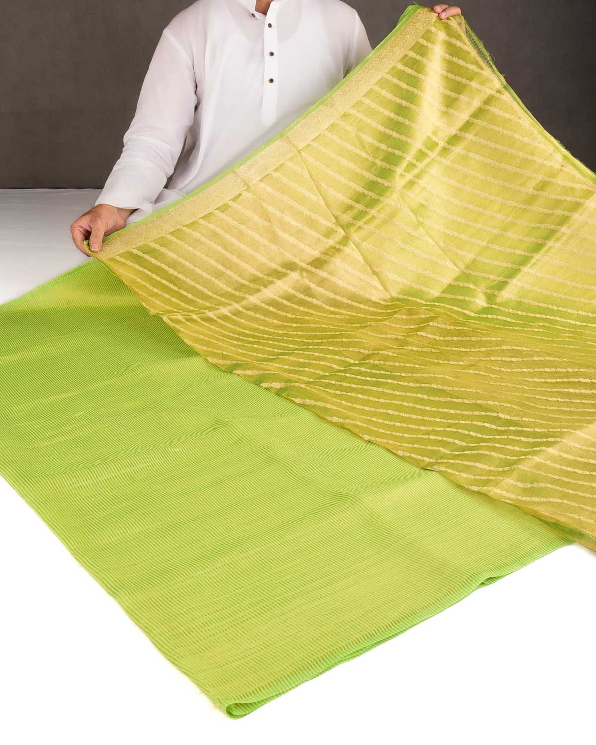 Green Gold Zari Stripes Brocade Woven Cotton Silk Banarasi Saree with Tissue Blouse Piece