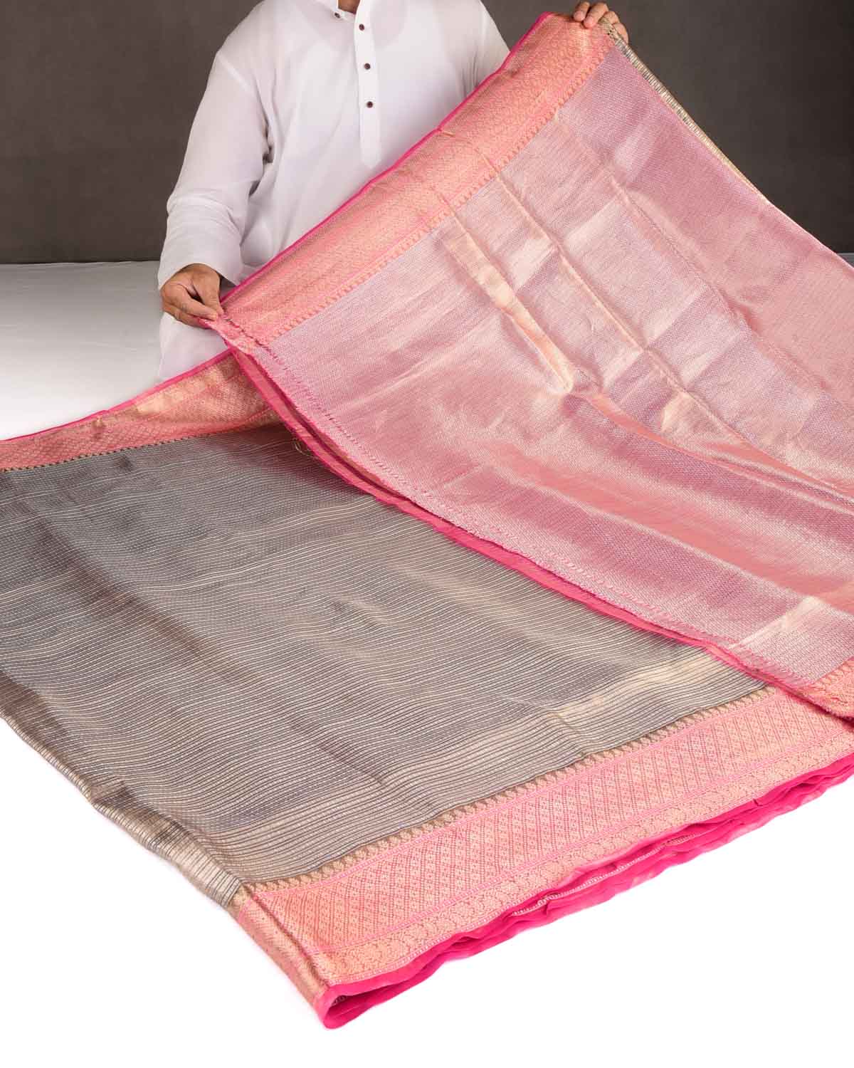 Metallic Brown Gold & Silver Zari Contemporary Brocade Woven Kora Tissue Banarasi Saree