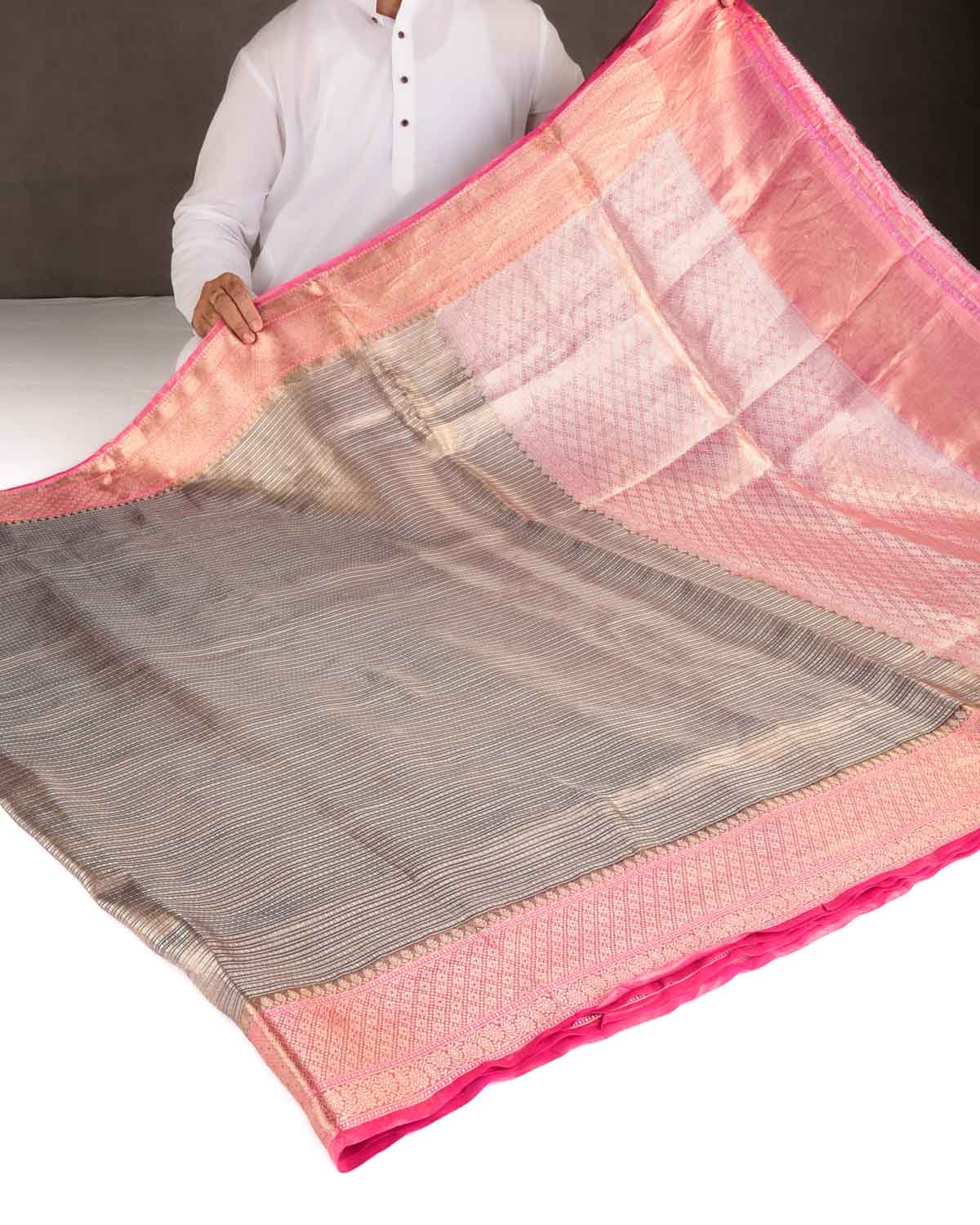 Metallic Brown Gold & Silver Zari Contemporary Brocade Woven Kora Tissue Banarasi Saree