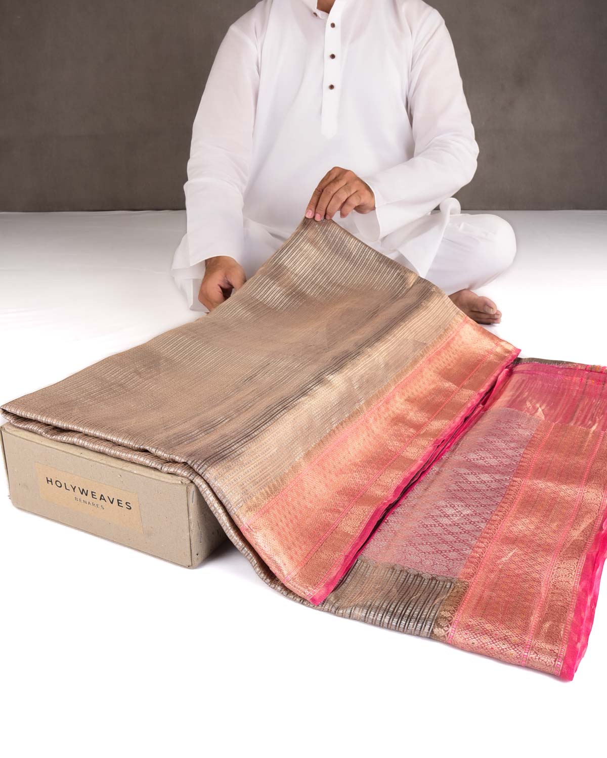 Metallic Brown Gold & Silver Zari Contemporary Brocade Woven Kora Tissue Banarasi Saree