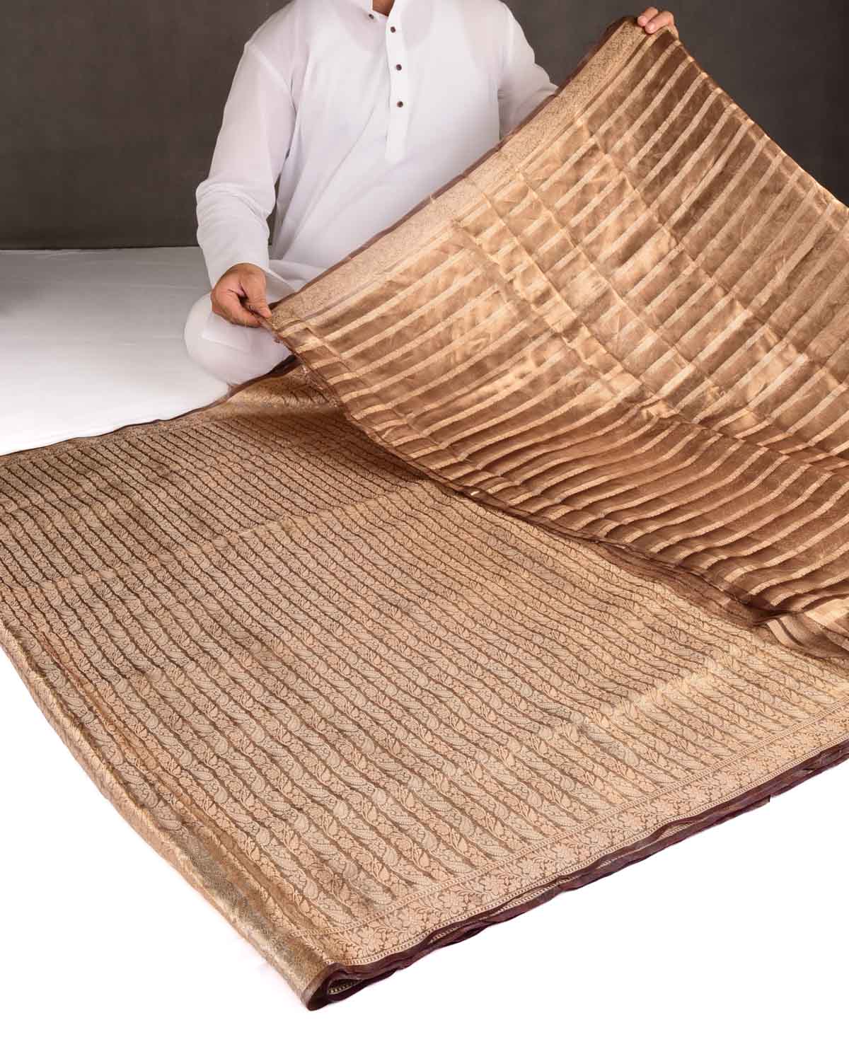 Metallic Brown Gold & Silver Zari Ornament Stripes Brocade Woven Kora Tissue Banarasi Saree