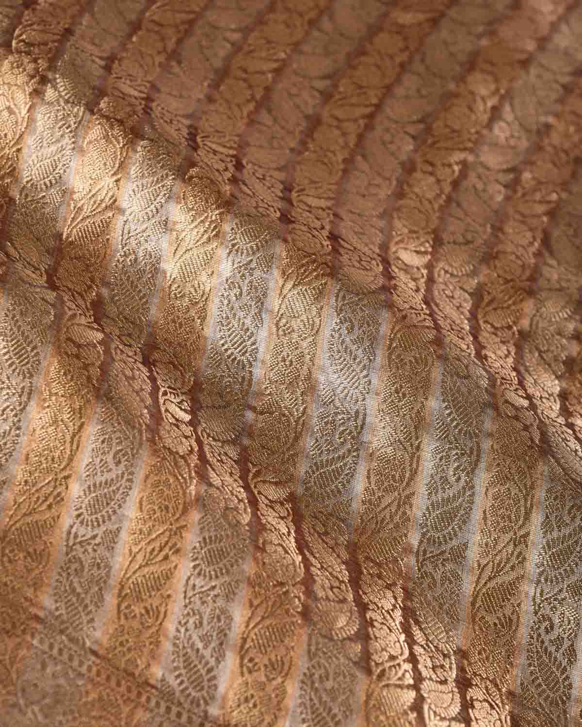 Metallic Brown Gold & Silver Zari Ornament Stripes Brocade Woven Kora Tissue Banarasi Saree