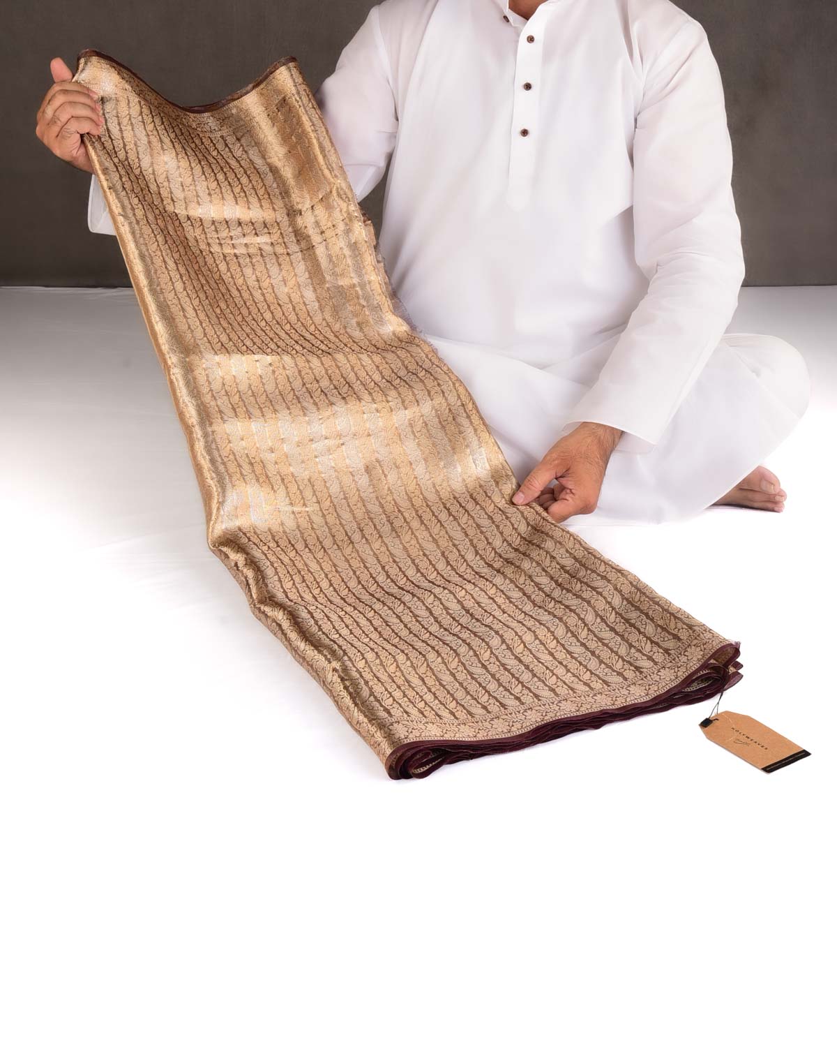 Metallic Brown Gold & Silver Zari Ornament Stripes Brocade Woven Kora Tissue Banarasi Saree