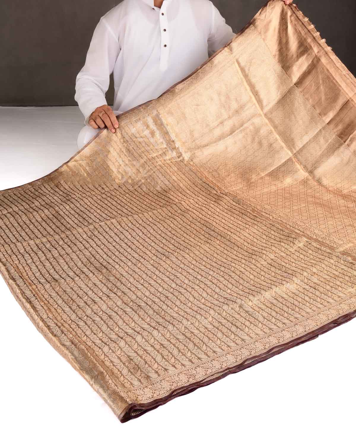 Metallic Brown Gold & Silver Zari Ornament Stripes Brocade Woven Kora Tissue Banarasi Saree
