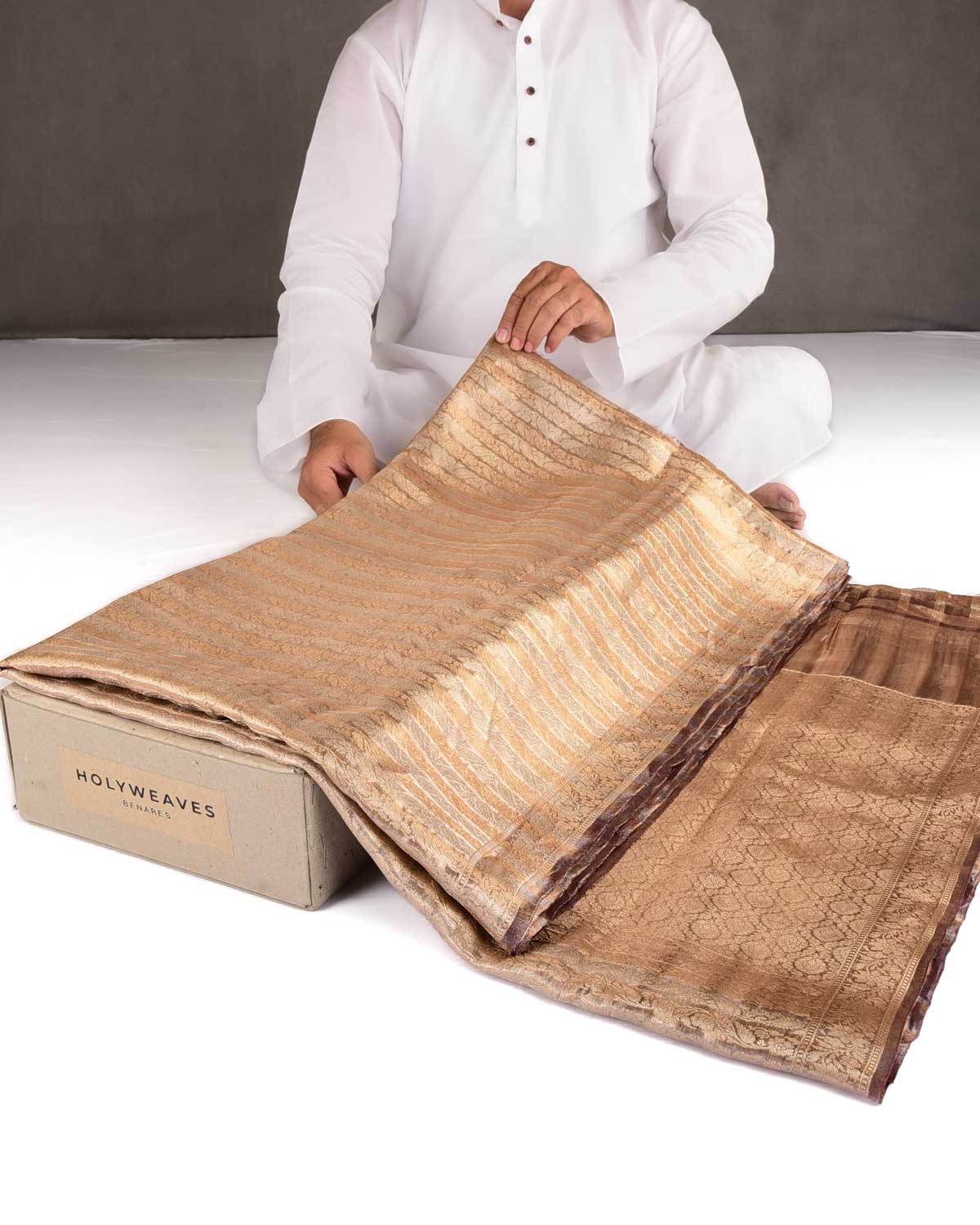 Metallic Brown Gold & Silver Zari Ornament Stripes Brocade Woven Kora Tissue Banarasi Saree