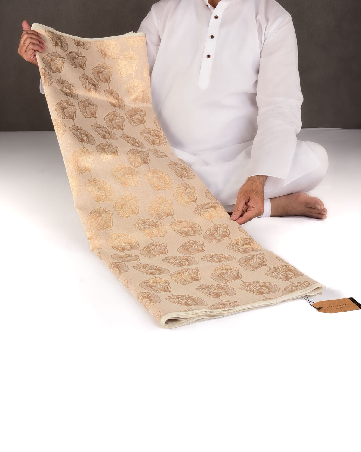 Cream Gold Zari Floral Contemporary Brocade Woven Cotton Silk Banarasi Saree-HolyWeaves