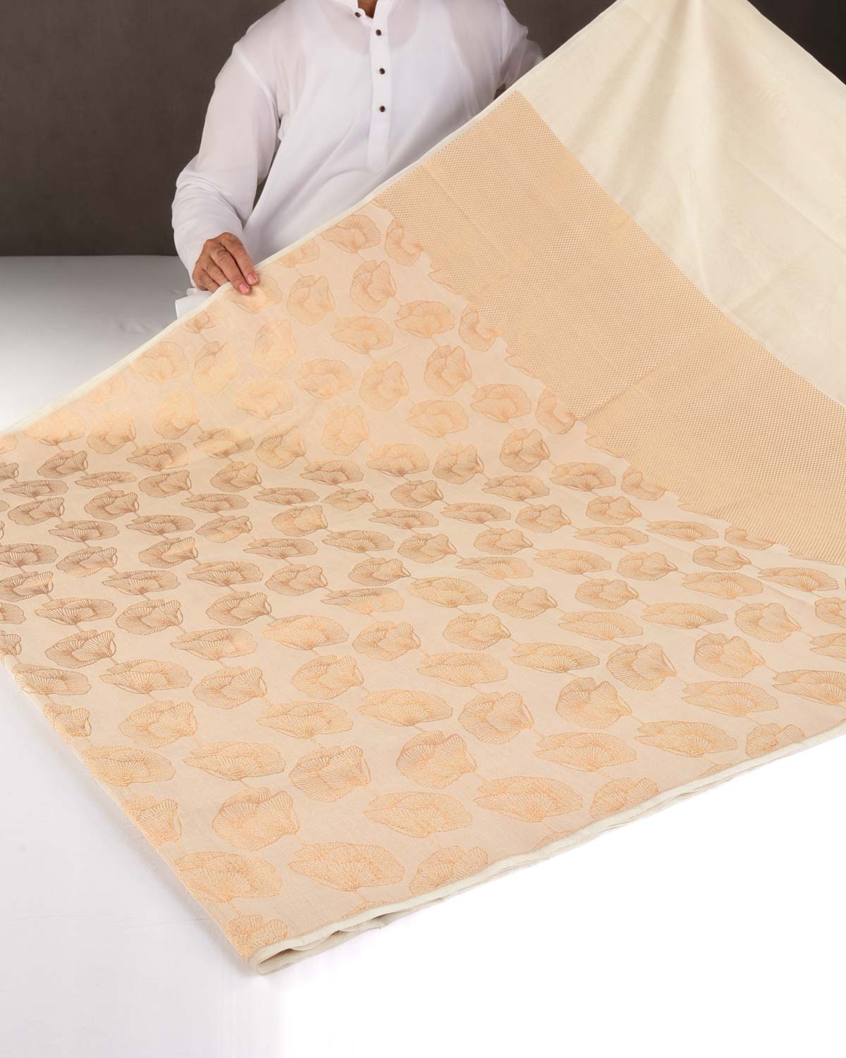 Cream Gold Zari Floral Contemporary Brocade Woven Cotton Silk Banarasi Saree-HolyWeaves