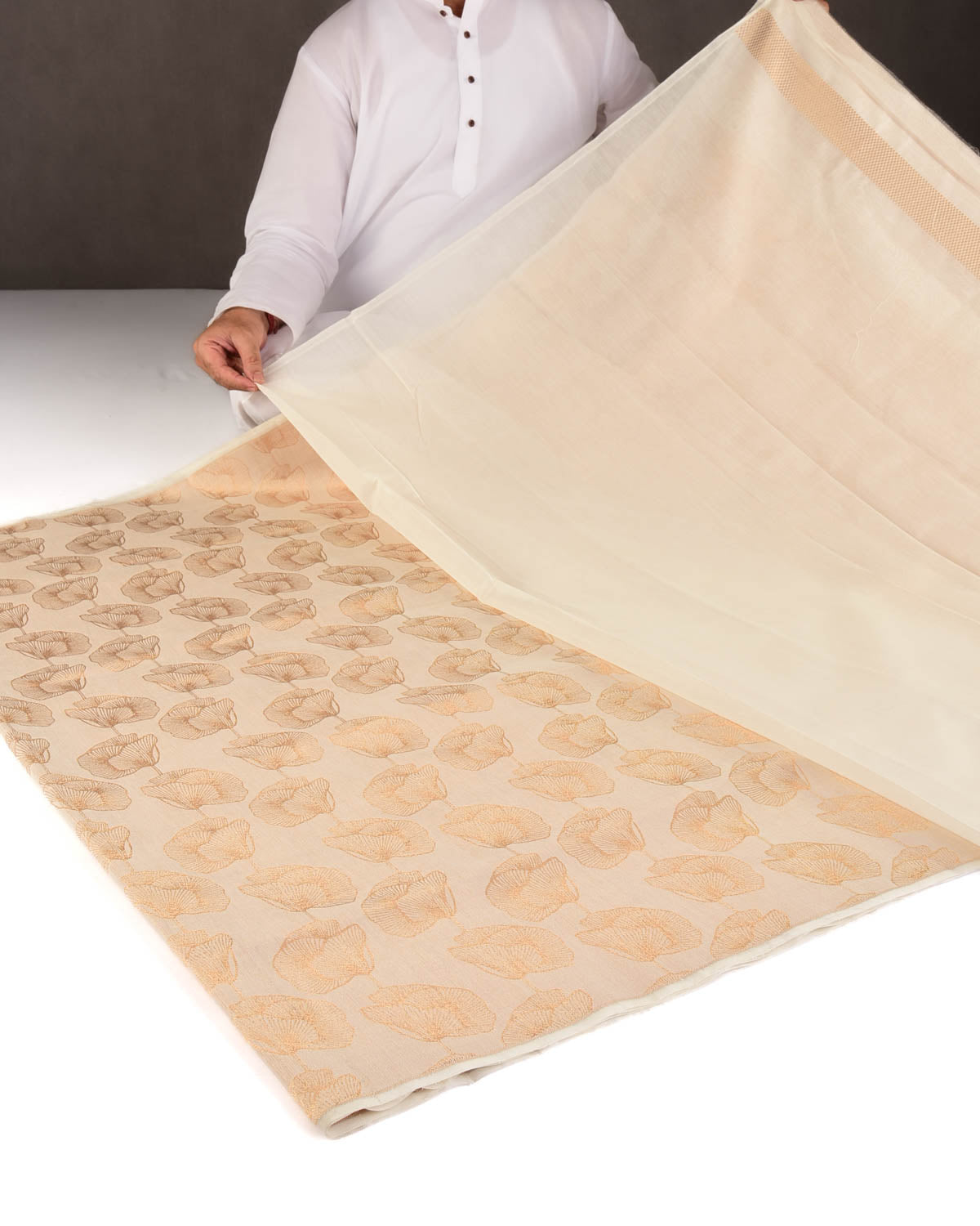 Cream Gold Zari Floral Contemporary Brocade Woven Cotton Silk Banarasi Saree-HolyWeaves