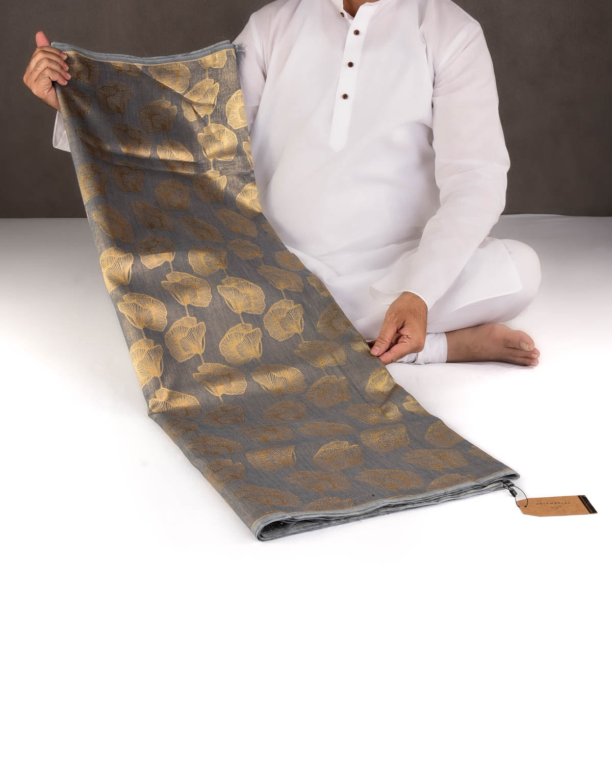 Gray Gold Zari Floral Contemporary Brocade Woven Cotton Silk Banarasi Saree-HolyWeaves