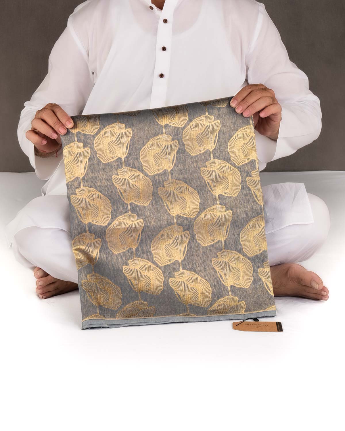 Gray Gold Zari Floral Contemporary Brocade Woven Cotton Silk Banarasi Saree-HolyWeaves