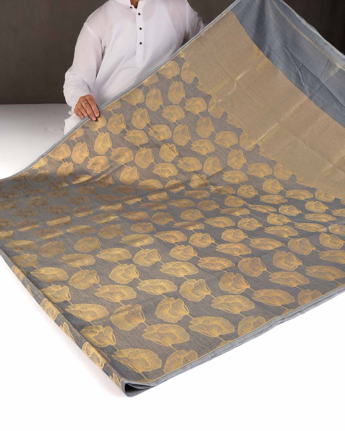 Gray Gold Zari Floral Contemporary Brocade Woven Cotton Silk Banarasi Saree-HolyWeaves