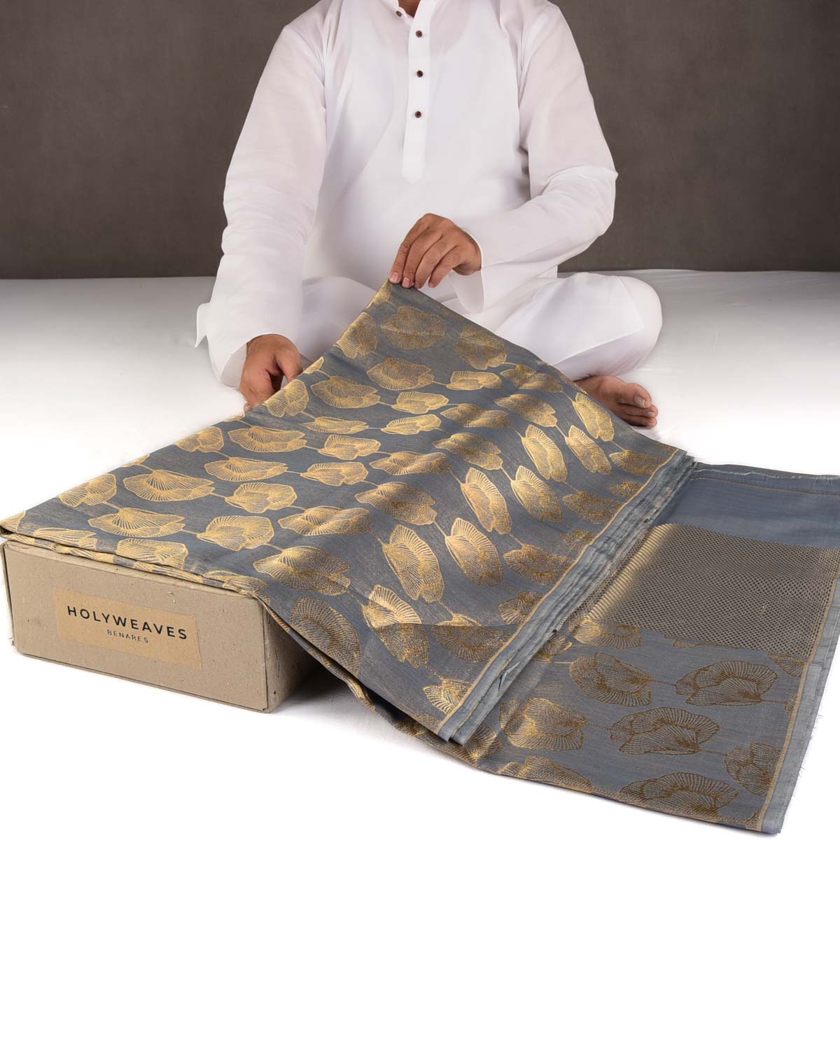 Gray Gold Zari Floral Contemporary Brocade Woven Cotton Silk Banarasi Saree-HolyWeaves
