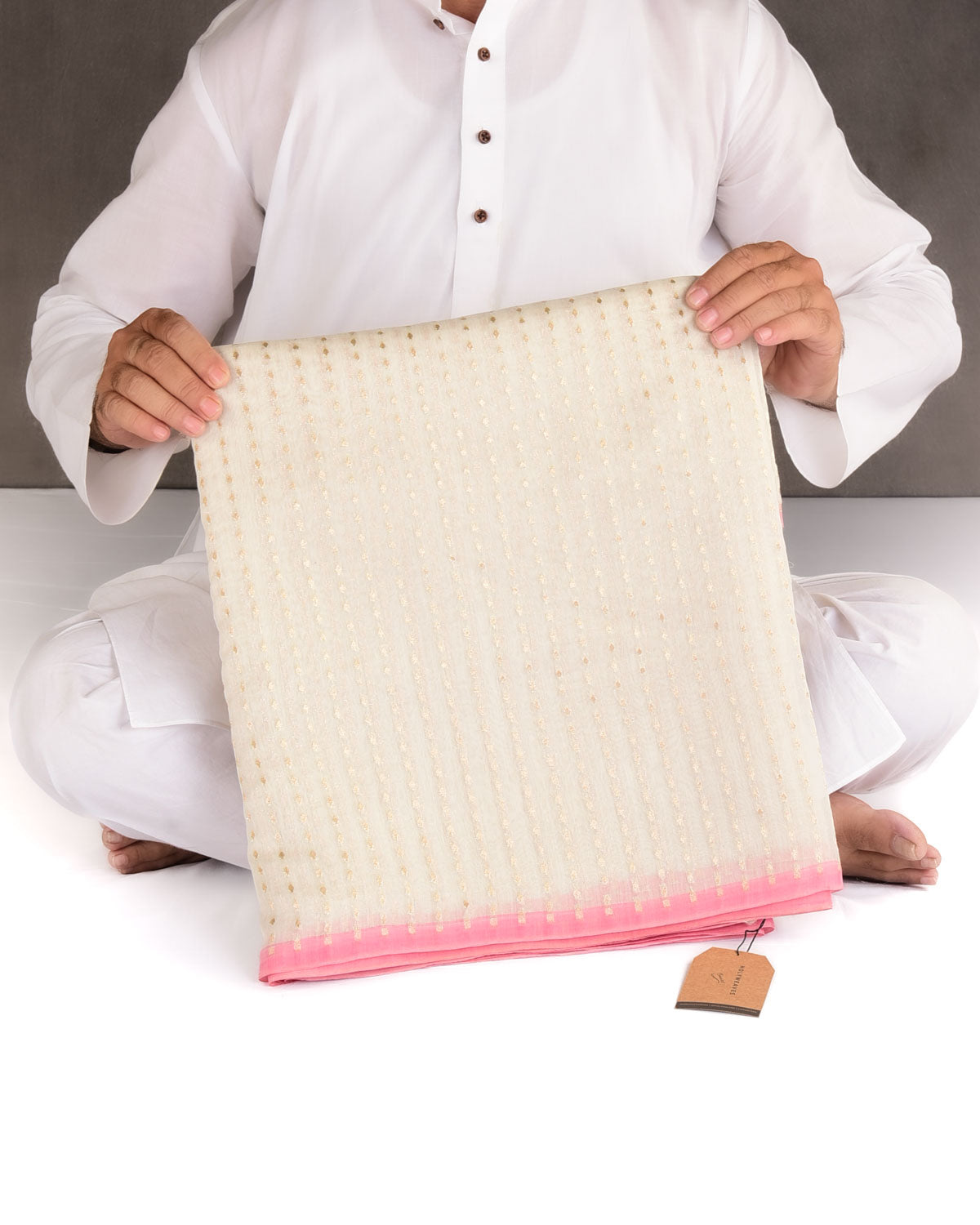Ivory White Gold Zari Leaf Stripes Cutwork Brocade Woven Cotton Silk Banarasi Saree with Pink Selvage Pallu