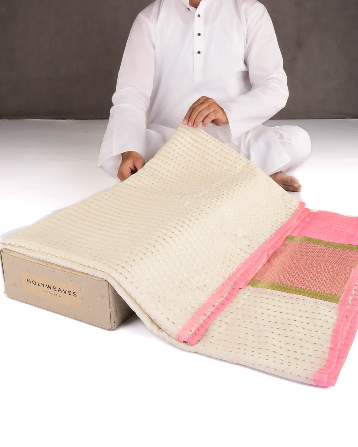 Ivory White Gold Zari Leaf Stripes Cutwork Brocade Woven Cotton Silk Banarasi Saree with Pink Selvage Pallu