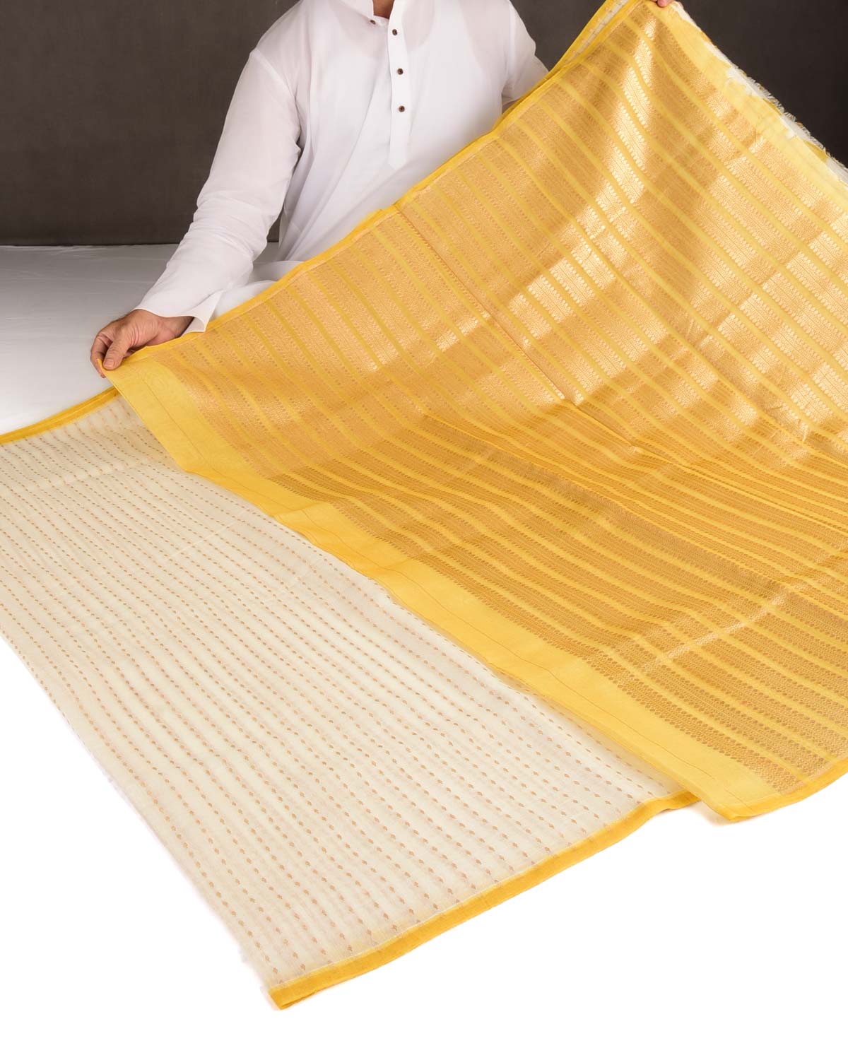 Ivory White Gold Zari Leaf Stripes Cutwork Brocade Woven Cotton Silk Banarasi Saree with Yellow Selvage Pallu