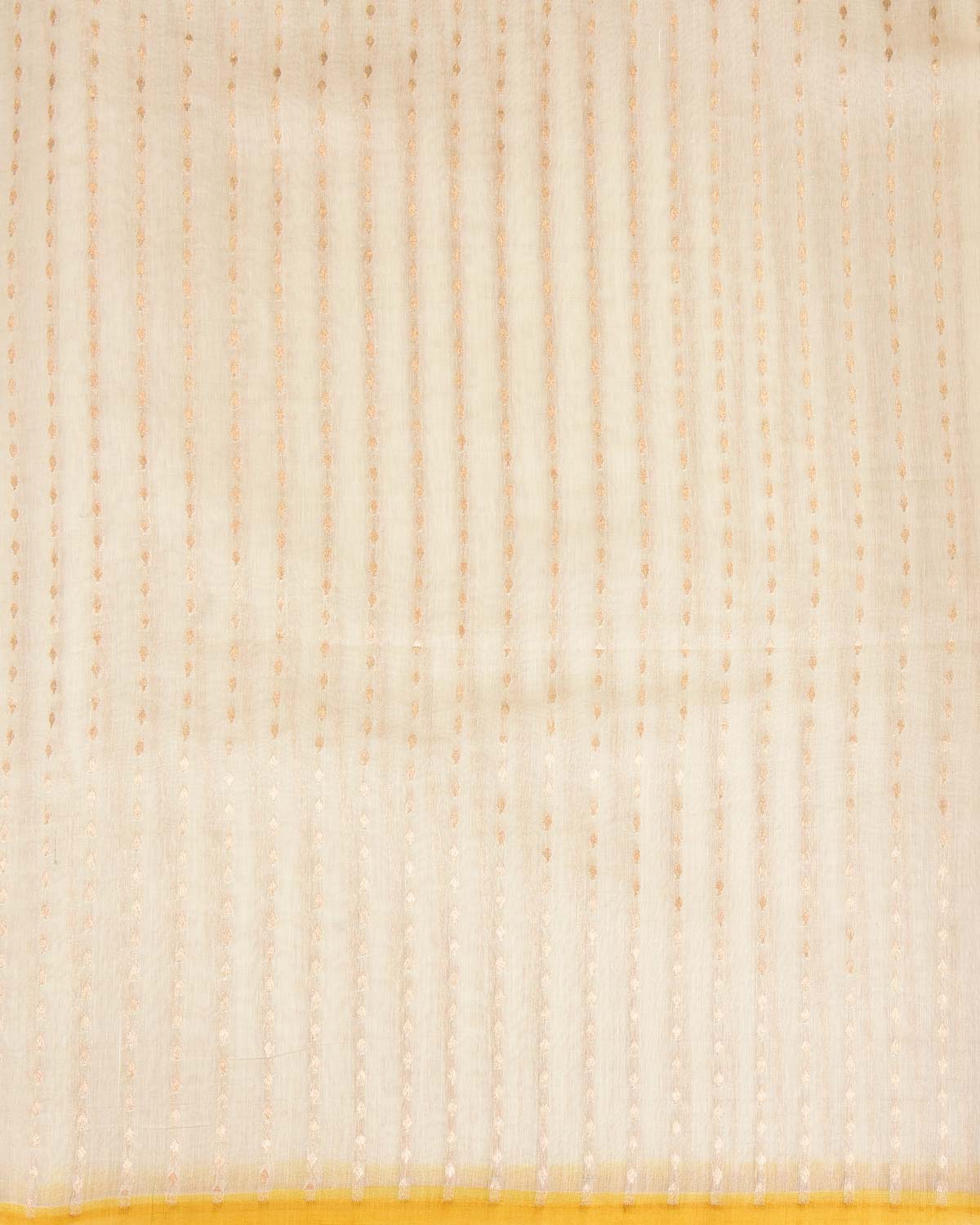 Ivory White Gold Zari Leaf Stripes Cutwork Brocade Woven Cotton Silk Banarasi Saree with Yellow Selvage Pallu