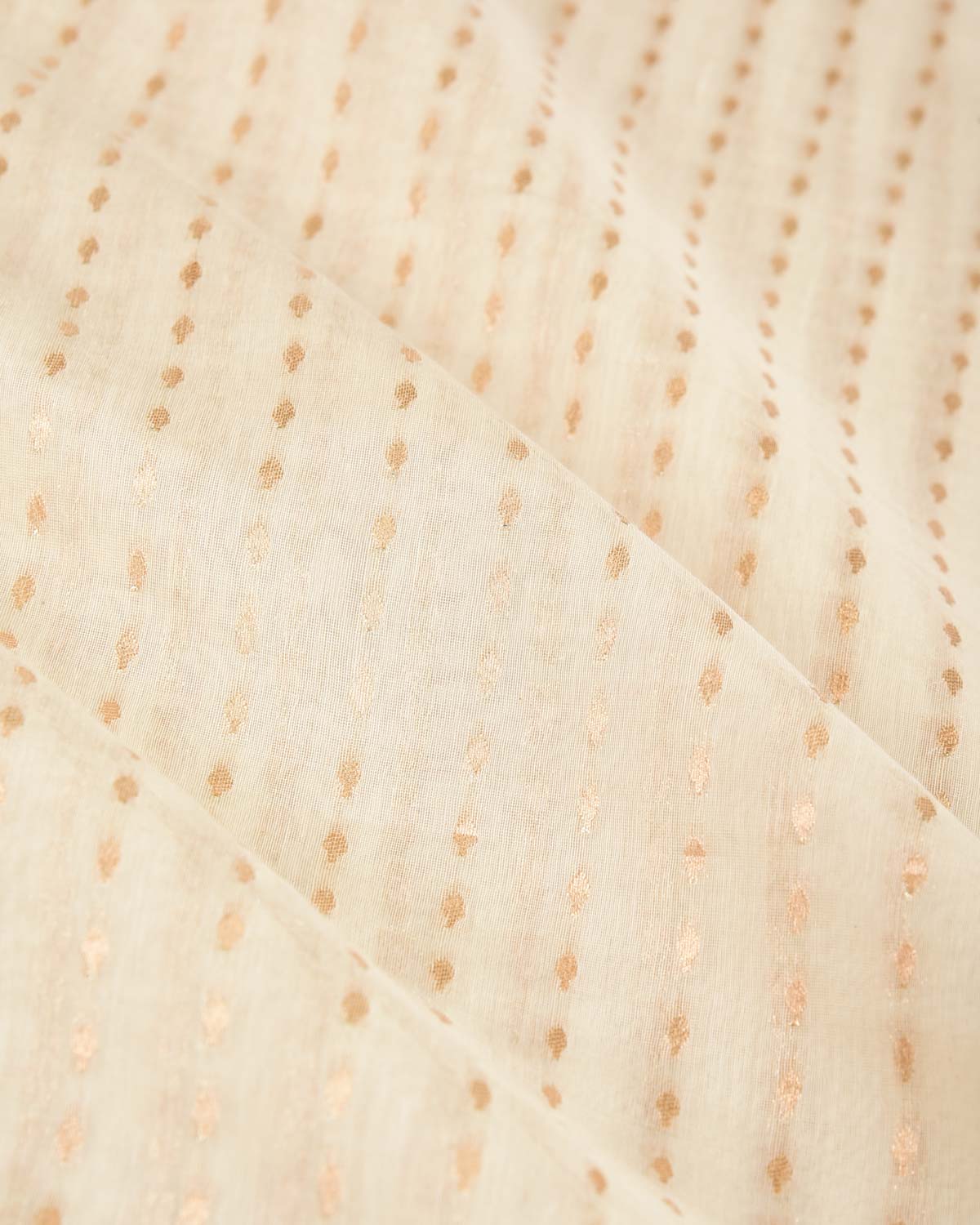 Ivory White Gold Zari Leaf Stripes Cutwork Brocade Woven Cotton Silk Banarasi Saree with Yellow Selvage Pallu