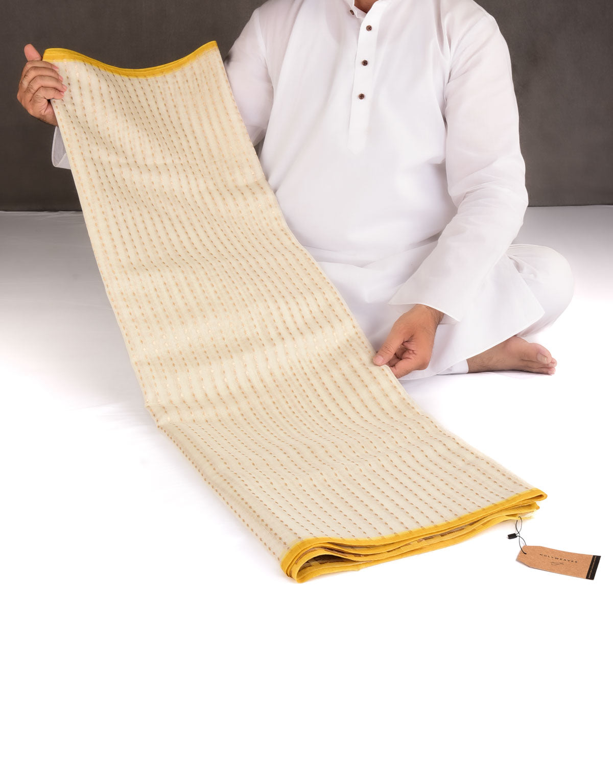 Ivory White Gold Zari Leaf Stripes Cutwork Brocade Woven Cotton Silk Banarasi Saree with Yellow Selvage Pallu