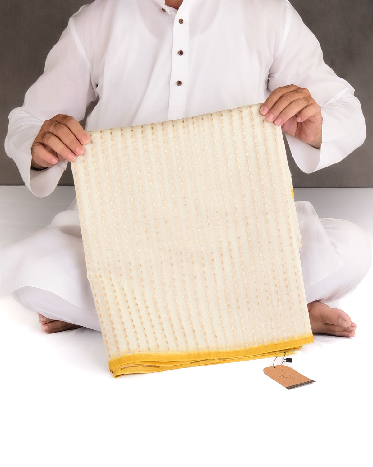Ivory White Gold Zari Leaf Stripes Cutwork Brocade Woven Cotton Silk Banarasi Saree with Yellow Selvage Pallu