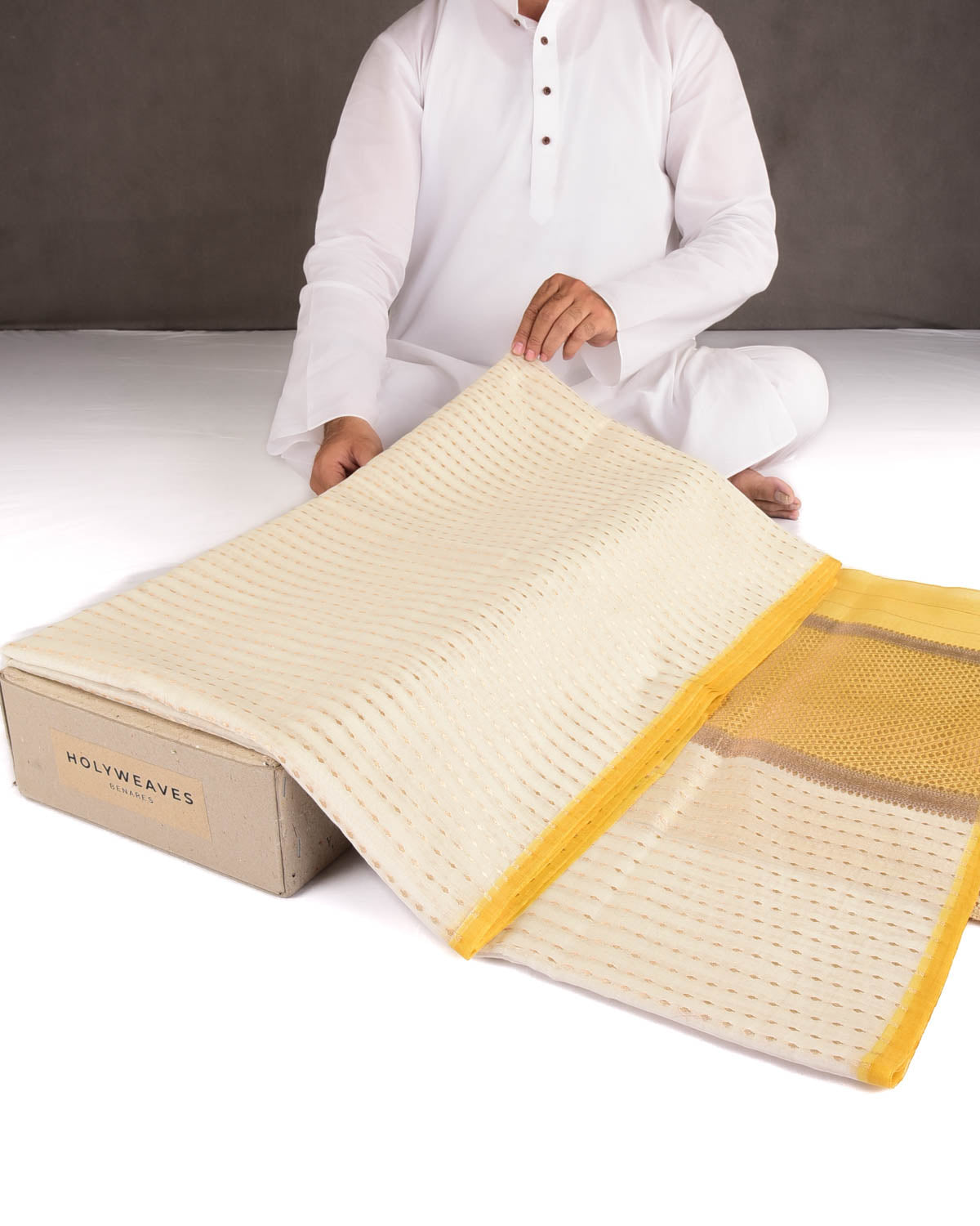 Ivory White Gold Zari Leaf Stripes Cutwork Brocade Woven Cotton Silk Banarasi Saree with Yellow Selvage Pallu