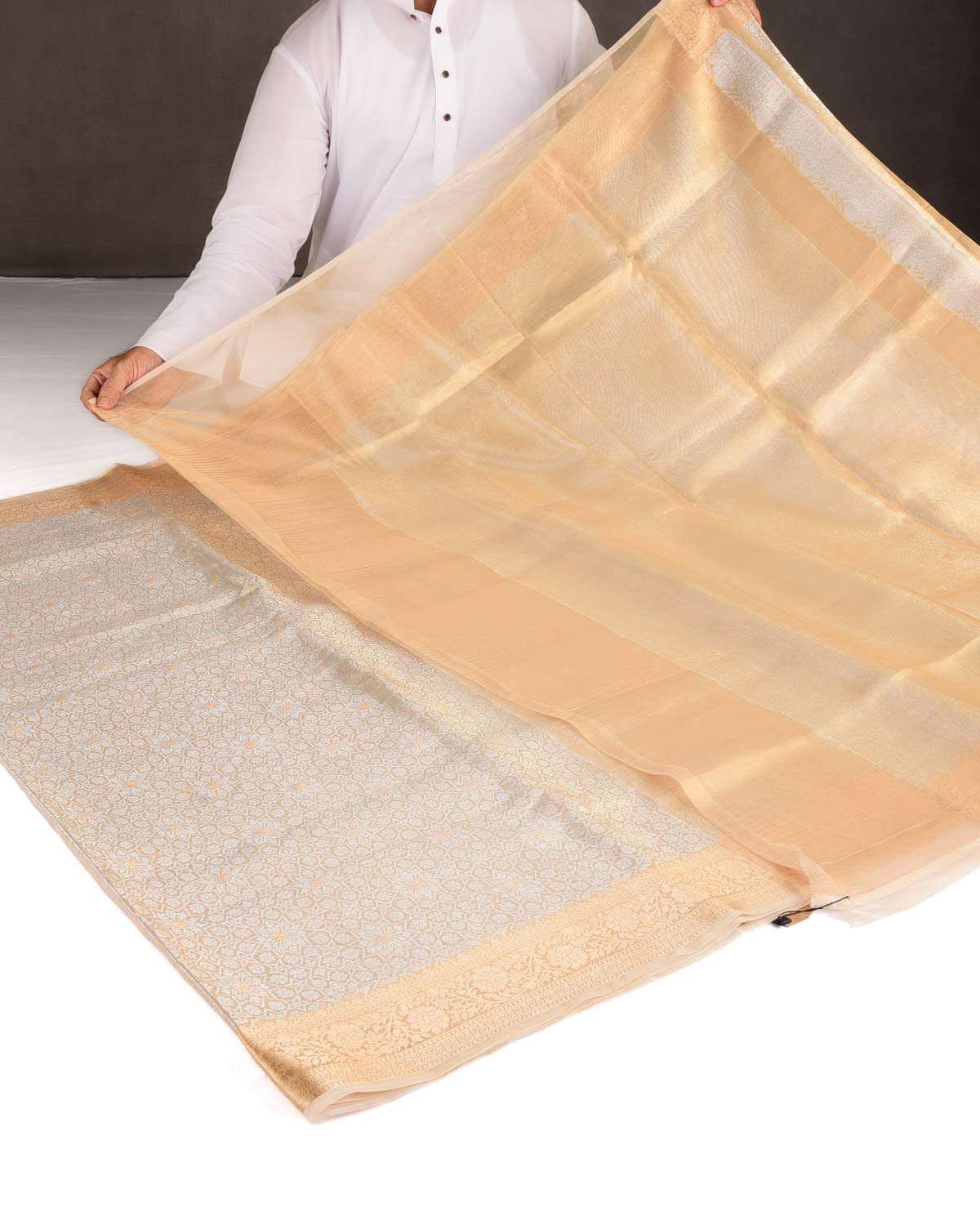 Metallic Gold Zari Kaleidoscopic Brocade Woven Kora Tissue Banarasi Saree