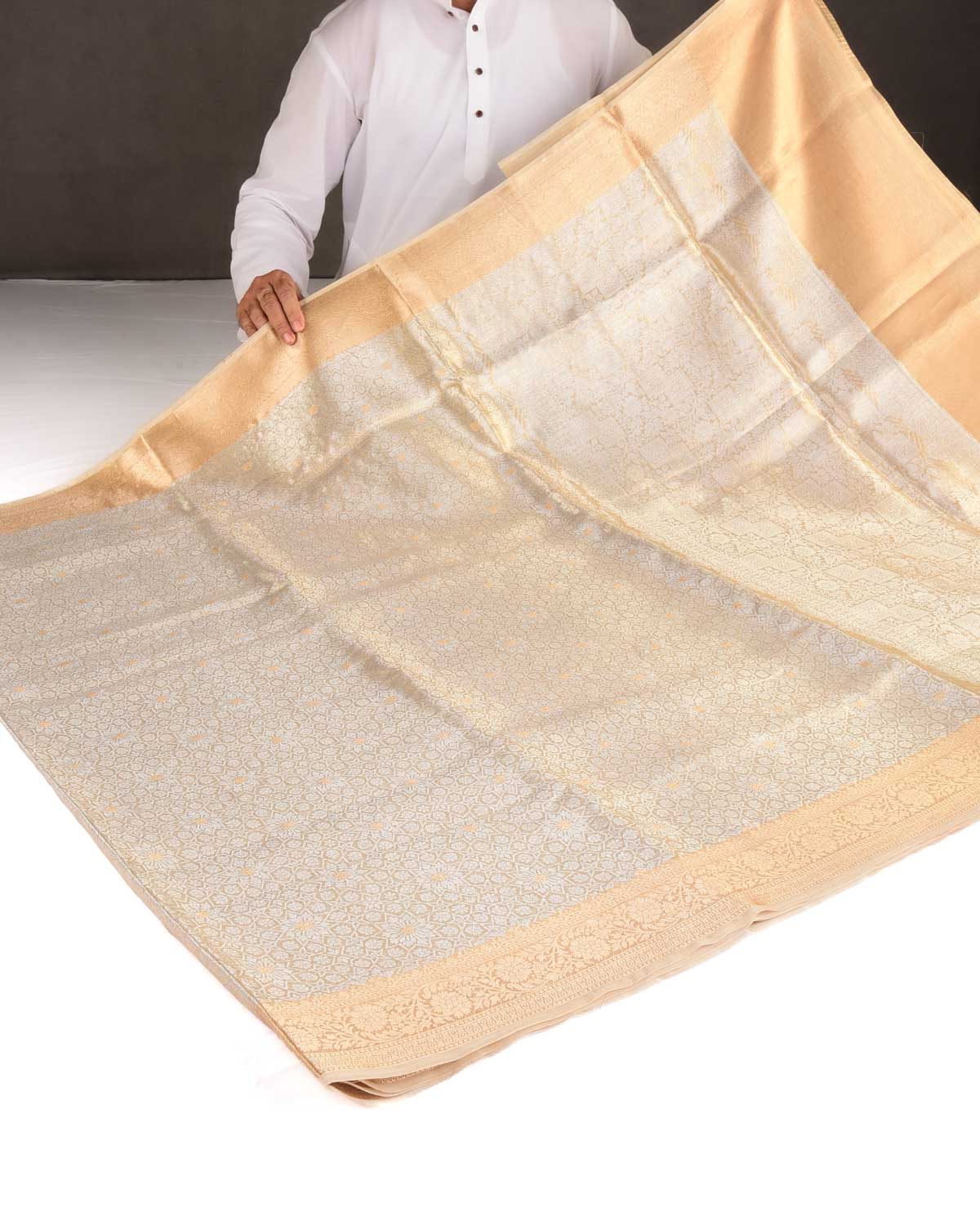 Metallic Gold Zari Kaleidoscopic Brocade Woven Kora Tissue Banarasi Saree