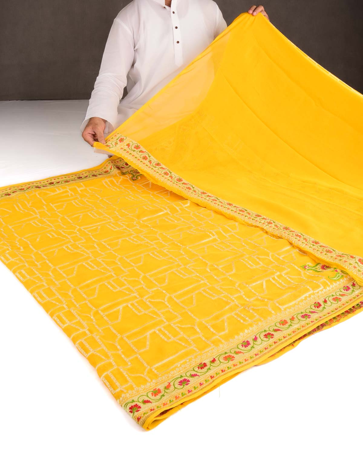 Marigold Yellow Gold Zari and Resham Meenekari Cutwork Brocade Handwoven Khaddi Georgette Banarasi Saree-HolyWeaves