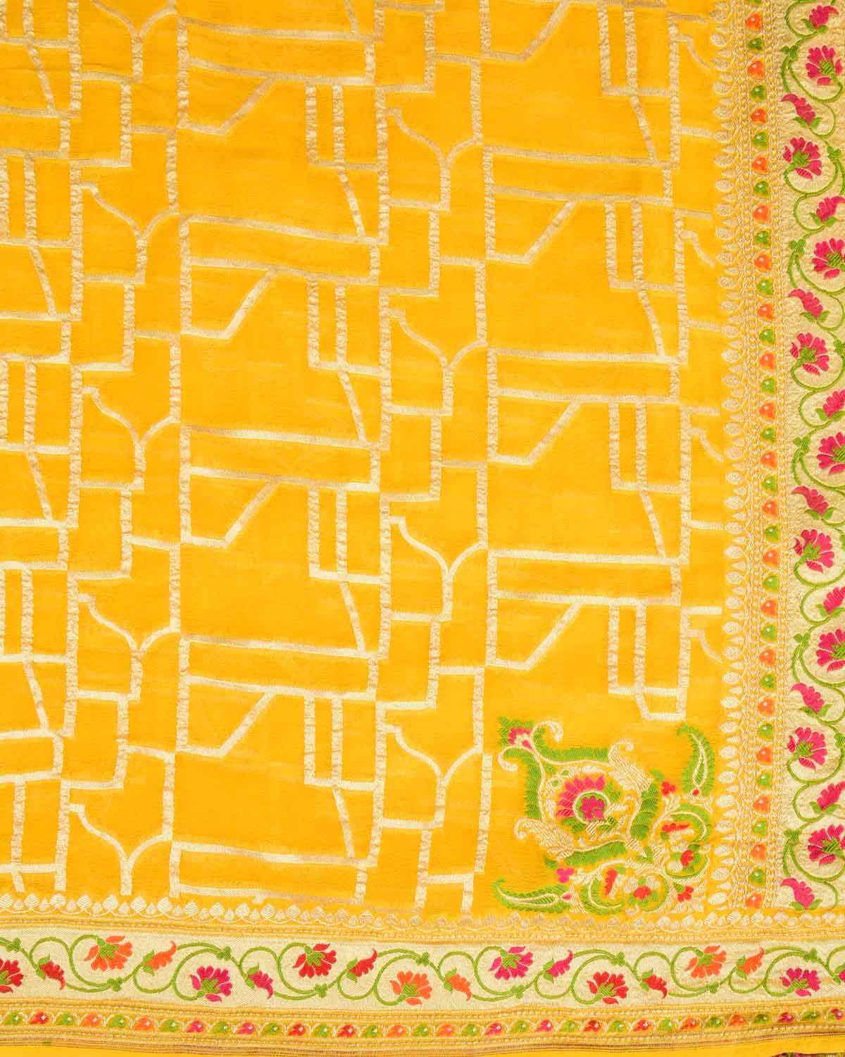 Marigold Yellow Gold Zari and Resham Meenekari Cutwork Brocade Handwoven Khaddi Georgette Banarasi Saree-HolyWeaves
