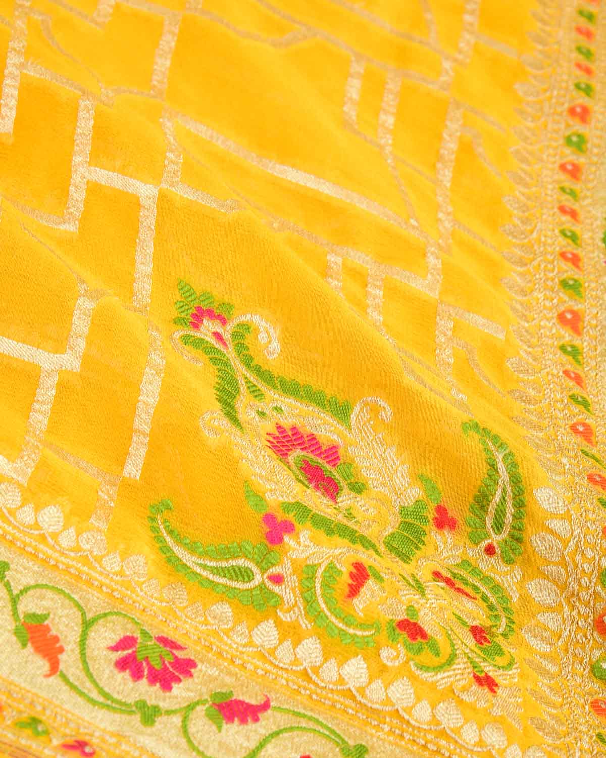 Marigold Yellow Gold Zari and Resham Meenekari Cutwork Brocade Handwoven Khaddi Georgette Banarasi Saree-HolyWeaves